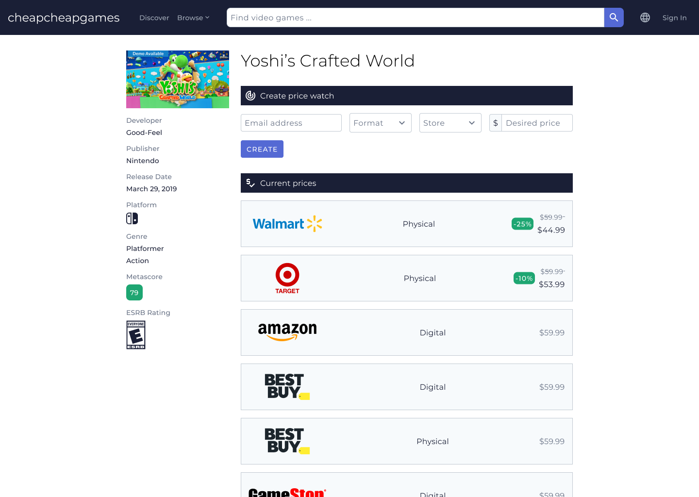 The product page for Yoshi's Crafted World.